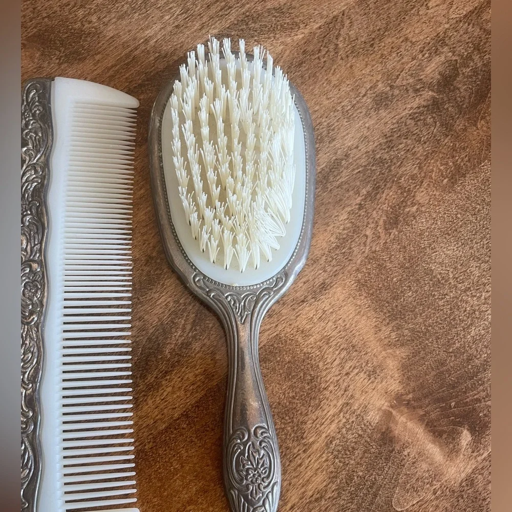 Vintage Art Deco Silver Plate Vanity Set w/Hand Mirror, Comb, and Handled Brush